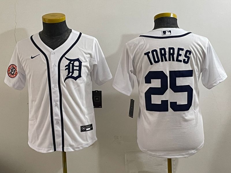 Youth 2025 Detroit Tigers 25 Torres White Game Nike MLB Jersey style 3